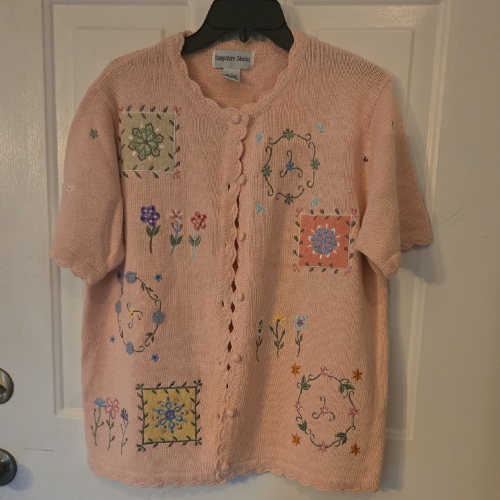 Vintage Hampshire Studio Embroidered Pink Short Sleeve Cardigan Sweater